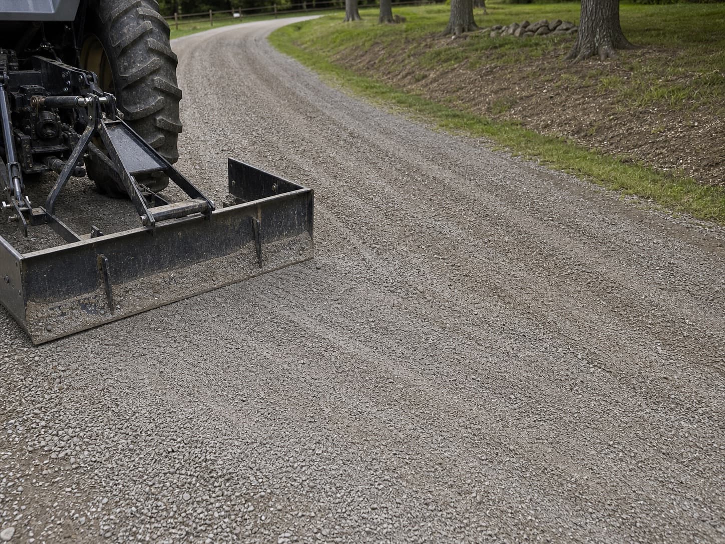 Driveway grading equipment marks on a smoothed gravel surface