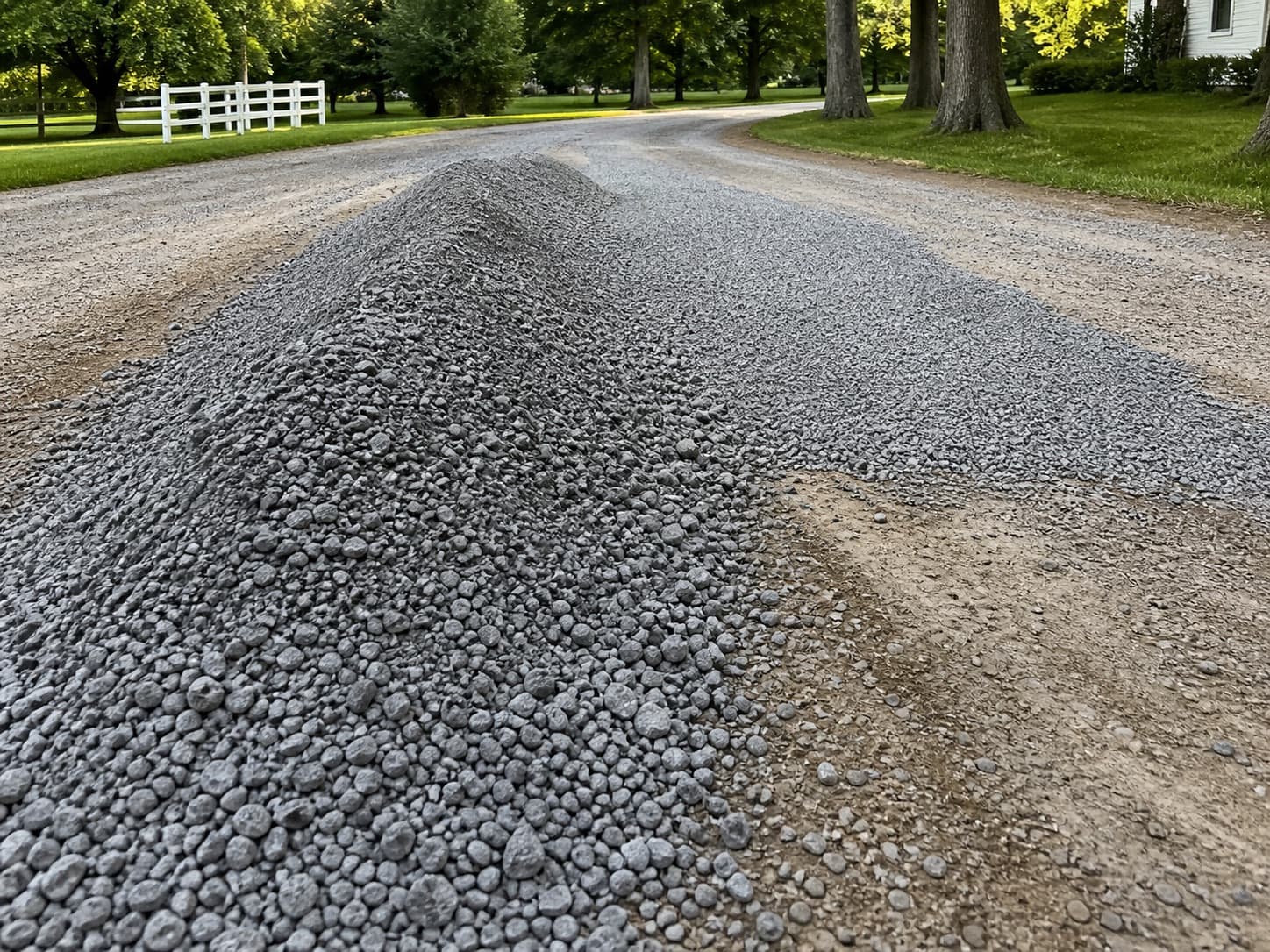 Fresh gravel being spread across a driveway surface